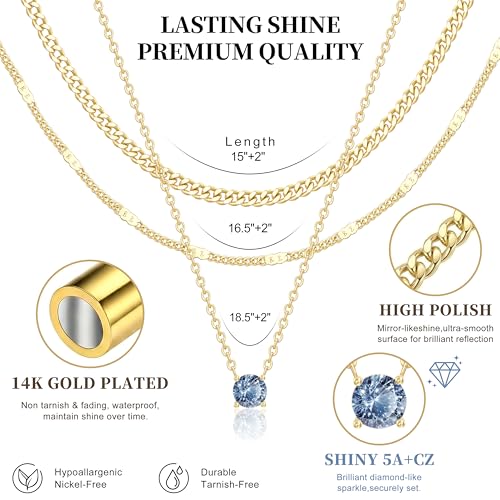WomenGifts Layered Gold Necklaces for Women, 14K Gold Sterling Silver Plated Dainty Pendant Necklace Set Non Tarnish, Chunky Stackable Cuban Chain Choker, Trendy Birthstone Vacation Jewelry Gift - color: Gold, style: Cubic Zirconia-Created Topaz-Dec