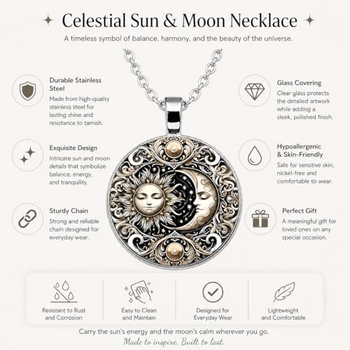 1pc Stunning Round Pendant Necklace - Unique Sun & Moon Pattern, Oil Painting Style Glass Mosaic, Alloy Construction, Trendy Sweater Chain, Fashionable Gift for Women - Christmas or Birthday Gift - color: Gray Moon (Silver)