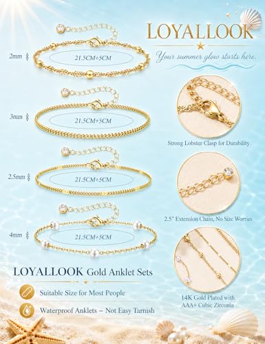 LOYALLOOK Ankle Bracelets for Women Waterproof, 14K Gold Plated Cuban Figaro Link Chain Beaded Anklets Set, Dainty Layered Anklets for Women Non Tarnish Summer Beach Foot Jewelry Adjustable Size - color: 4Pcs Anklets-Beads Style