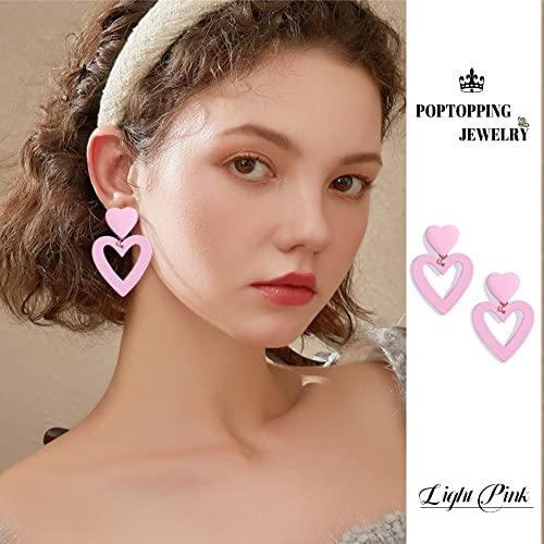 Double Heart Earrings Dangling Heart Drop Earrings For Women Love Heart Dangle Earrings Birthday Gift - color: Light Pink