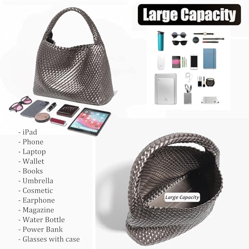 Geelyda Woven Tote Bag for Women with Purse, Fashion Shoulder Hobo Underarm Bags, Large Woven Handmade Work Commuter Day Bags - color: Silver