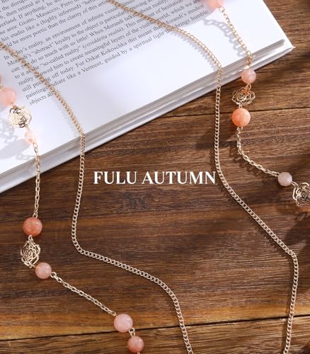 FULU AUTUMN Boho Gold Long Necklaces for Women Natural Stone Beaded Layered Long Necklace Mothers Day Gifts Dainty Flower Costume Jewelry for Women - color: Pink