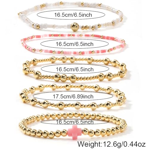 14K Gold Plated Beaded Bracelets Stack Set for Women,Stretch Boho Colorful Beads Ball Jewelry Friendship Summer Trendy - color: Pink cross
