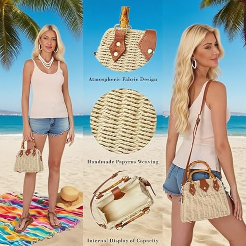 ZIDE Straw Crossbody for Women Woven Summer Beach Handmade Wicker Rattan Bamboo Joint Bag Boho Satchel for summer Holiday - color: Beige