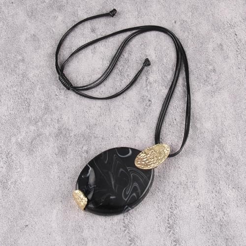 GelConnie Leather Necklace for Women Large Pendant Long Brown Necklace Circle Leather Choker Vintage Sweater Necklace Gold Chunky Boho Necklaces for Women - style: Black Large Gold Necklace