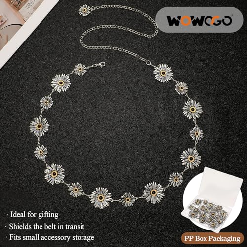 Western Turquoise Chain Belt for Women with Daisy Pattern Cowgirl Concho Metal Waist Belt for Boho Country - color: 4-silver(black Stone), size: Fit for Mid Waist up to 43"