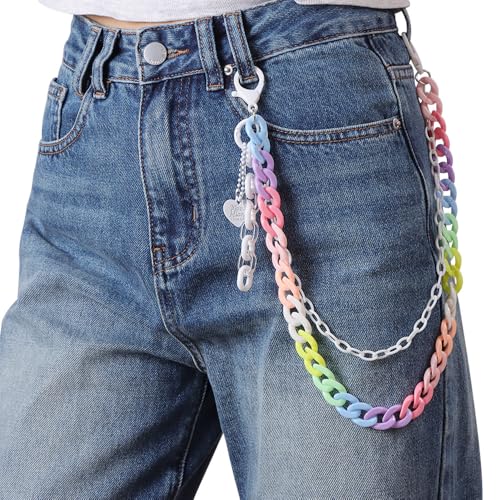 Y2k Heart Pendant Rainbow Acrylic Pants Trousers Chain for Women Chunky Colorful Resin Removable Love Charm Layered Rock Wallet Belt Pocket Waist Jeans Belly Chains Backpack Body Accessories - color: White