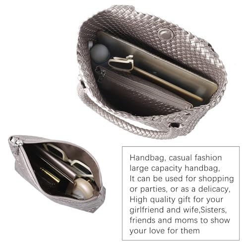 Hand Woven Bag Tote BagS For Women Top Handle Shoulder Vegan Leather Large Travel Beach Hobo Handbag - color: Silver Grey