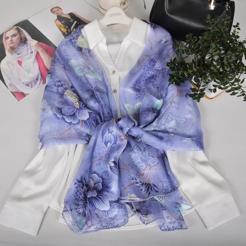 100% Mulberry Silk Women's Neck Silk Scarf-Lightweight Shawl,FLoral Print Beach Silk Wrap-Scarves for Photography - color: Blue