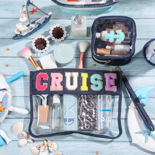 Hillban 2 Pcs Cruise Gifts Chenille Letter Bags Nautical Anchor Makeup Cosmetic Bags Sunscreen Clear Toiletry Travel Pouch Waterproof Purse Sailboat Cruise Survival Kit Portable Storage Organizer - style: Cruise Theme