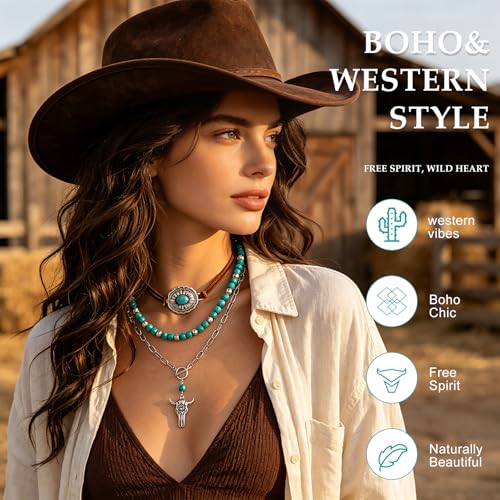 Western Necklaces Boho Turquoise Cross Necklace Set Navajo Pearl Beaded Layered Choker Cowgirl Christian Western Jewelry for Women - color: Style-C