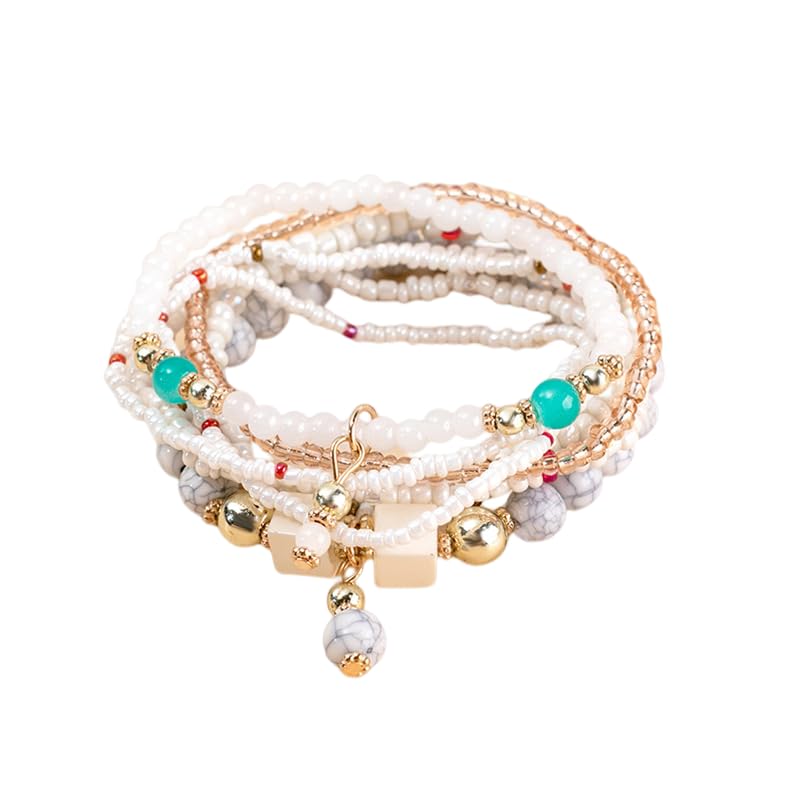 LSxAB Women Multilayered Beads Bracelet Set Stackable Boho Style Beaded Stretch Strand Wrap Birthday Jewelry - style: White 8PC
