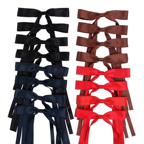 WORTL Hair Bows Clips Coquette Ribbon Bowknot with Long Tail Princess Hair Bows French Barrettes Hair Accessories for Women Girls 16PCS (Red, Brown, Dark Blue, Black) - color: Red, Brown, Dark Blue, Black