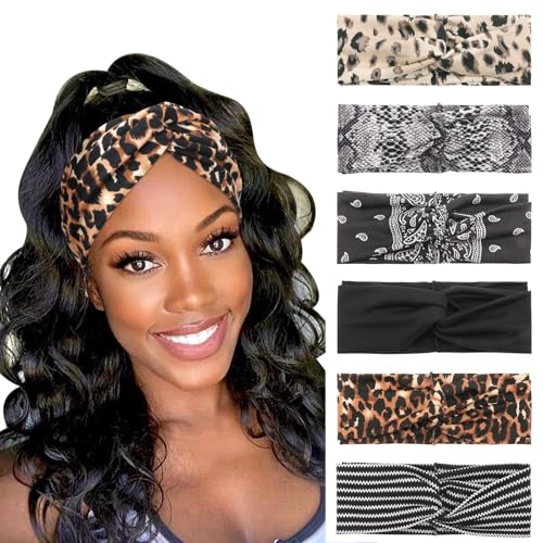 DRESHOW 6 Pack Boho Non-Slip Headbands for Women Girls Yoga Workout Running Knotted Turban Floral Printed Elastic Head Wrap - color: 6 Pack: Cross Printed a