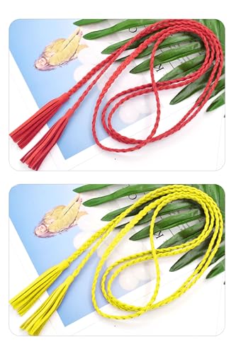TeeYee Waist Belt Woven Knitted Rope/Chain PU leather 3 Pieces Tassel Rope Skinny Belt - color: 066redyellowblue