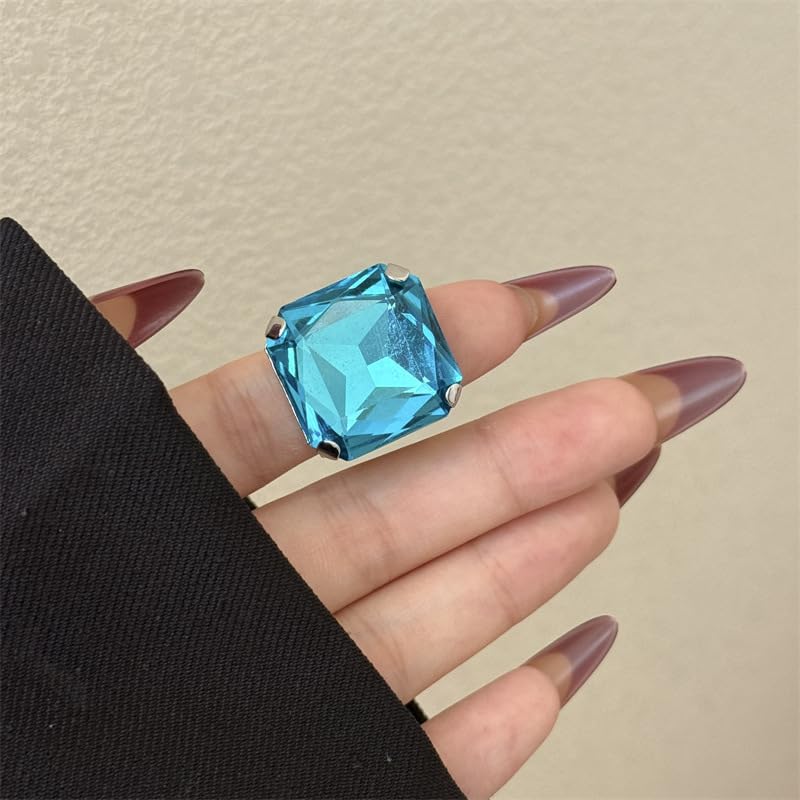 Square Large Rhinestone Exaggerated Statement Ring for Women Sparkling Thick Chunky Geometric Big Crystal Stone Finger Knuckle Band Rings Open Adjustable Wedding Brides Cocktail Prom Party Jewelry - color: Blue