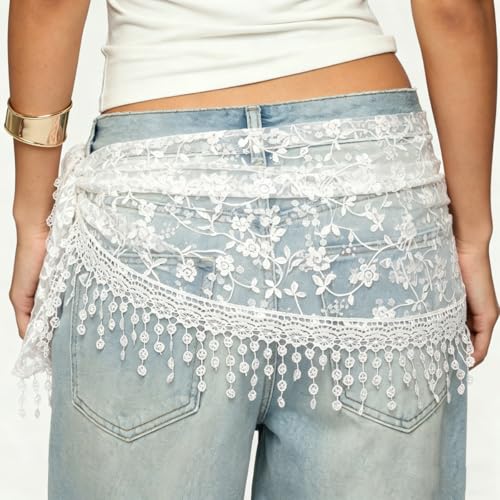 Women's Floral Lace Triangle Hip Scarf Head Kerchief Tie Waist Belt Sheer Hip Wrap Boho Head Scarf Hair Accessory - color: Z1-white