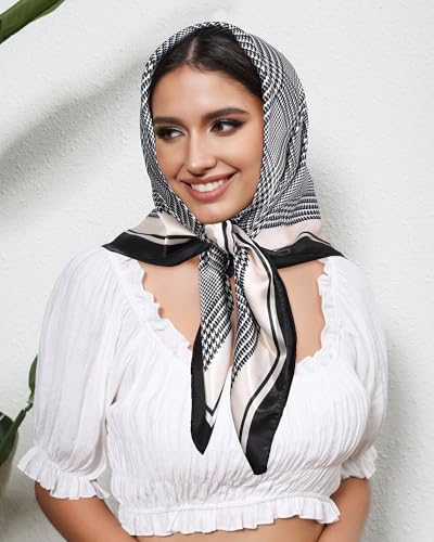 AWAYTR 35” Satin Head Scarf for Women Like Silk Scarf for Hair Scarf Satin Hair Bandana Women Headscarf Hair Wrap Scarf Neck - color: Plaid - Black + White