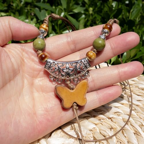 Boho Colorful Ceramic Bead Necklace for Women, Butterfly Pendant Necklace, Handmade Bohemian Statement Jewelry Gifts for Mom - color: Multi-Y