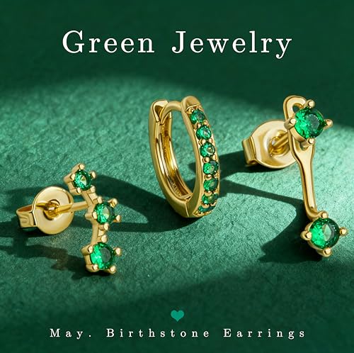 3 Pairs Dainty Small 4th of July Earrings for Women Trendy, Birthstone Stud Huggie Hoop Jacket Stack for Cartilage Helix, Gold Plated Hypoallergenic Cute Women Fashion Accessories Western Jewelry Gifts - color: 05Green Created Emerald-May (Gold)