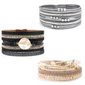 Wowanoo 3Pack Leather Cuff Bracelet Set Multilayer Wrap Bracelet Crystal Feather Tree Bracelet Magnetic Clasp Bracelet for Women - color: Bead Black