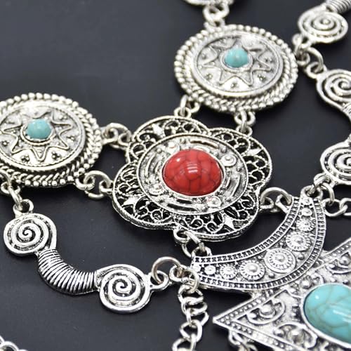 Bethynas Bohemian Ethnic Tribal Chunky Necklace Multilayer Long Tassel Turquoise Statement Neck Chain Retro Coin Gemstone Exaggerated Costume Accessories for Women - color: B-Silver