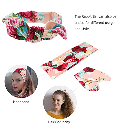 DRESHOW Boho Bow Headbands for Women Vintage Flower Printed Yoga Hairband Elastic Rabbit Ear Head Wrap 6 Pack - color: 6 Pack Rabbit Ears Flower Printed