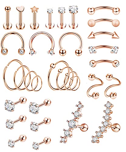 REVOLIA 32Pcs Stainless Steel Cartilage Stud Earrings for Women Conch Helix Tragus Daith Conch Hoop Earing Piercing Jewelry Set - color: Rose-Gold tone