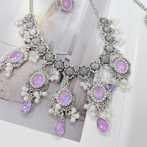 Luxury Waterdrop Rhinestone Pearls Tassel Charm Necklace Earrings Ring Maang Tikka Jewelry 4PCS Set Oxidized Antique Silver Flower Choker Ethnic Indian Retro Crystal Bollywood Bridal Wedding for Women - color: Purple