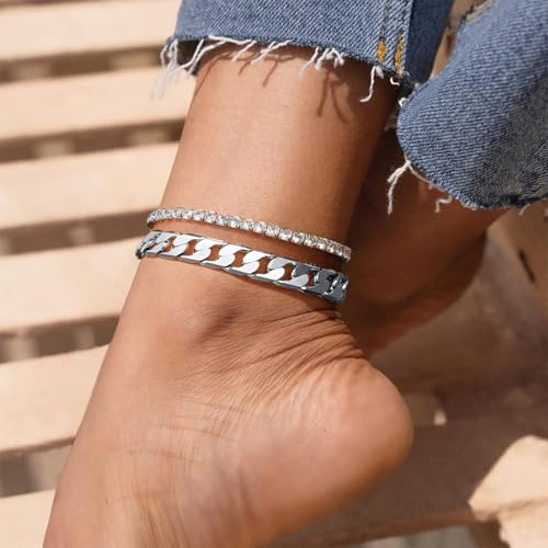 KissYan Gold Ankle Bracelets for Women, 14K Gold Anklets Chunky Cuban Link Chain Summer Beach Foot Jewelry Gifts for Women - color: Flat Cuban-Silver