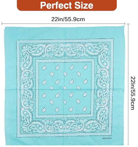 Raylarnia 100% Cotton Large Bandanas for Men and Women, 22 Inch Paisley Bandana with Multiple Colors - color: Blue/Turquoise/Mint