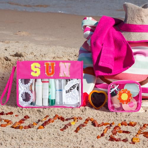 Hillban 2 Pcs Sunscreen Chenille Letter Bags Makeup Cosmetic Bag Waterproof Sun Travel Pouch Beach Pool Things Summer Stuff Preppy Patch Traveling Accessories for Women (Sun Theme) - style: Sun Theme