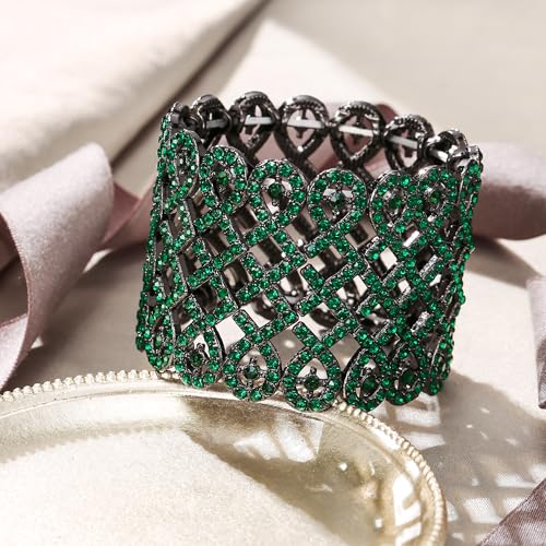 EVER FAITH Art Deco Love Knot Wide Stretch Bridal Bracelet Austrian Crystal - color: Green Black-Tone