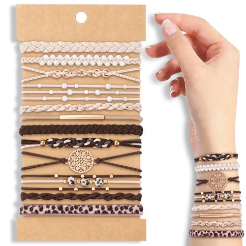 DIYDEC 12pcs Hair Ties Bracelet for Women Boho Braided Hair Ties No Damage Elastic Hair Bracelet Band for Girls Soft Thick Thin Long Curly Hair Accessories(Pearl) - color: white