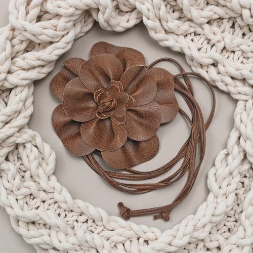 Boho Big Flower PU Leather Waist Belt Chain for Women Rose Floral Camellia Long Tassel Adjustable Waist Band Jewelry - color: Brown