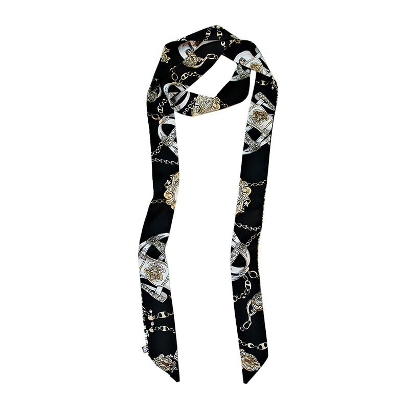 Long Thin Skinny Scarf Satin Neckerchief Ribbon Tie Waist Belt for Women - color: Chain Black