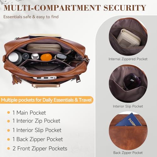 MEITRUE Crossbody Bags for Women, Vegan Leather Crossbody Purse Trendy Multi Pockets Shoulder Handbag with Tassel - color: 06-caramel Brown