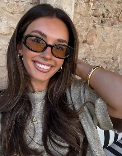 90s Sunglasses for Women Men Retro Small Oval Sunglasses - color: Black/Light Orange