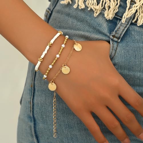 ZMANYIJEW Shell Ankle Bracelet Set for Women, Boho Pearl Adjustable Anklet,Beaded Layered Ankles Bracelets Shell Pendant Elastic Foot Chain Anklets for Women - style: 3pcs