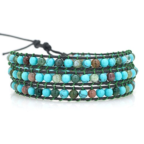 Layered Leather Handmade Bracelet Boho Bohemian Style Multilayer Crystal Glass Natural Stone Beaded Wrap Bracelets Collection for Women - style: BR504