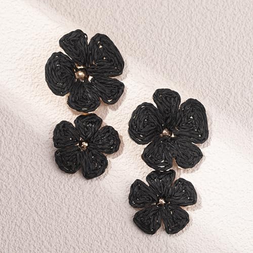 Boho Flower Earrings Statement Raffia Dangle Earrings Cute Floral Jewelry Trendy Summer Beach Vacation Outfits for Women - color: Black