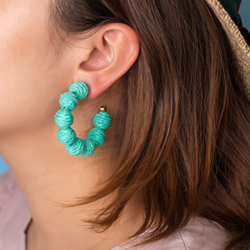 Raffia Hoop Earrings Statement Boho Beaded Earrings Cute Rattan Handmade Colorful Jewelry for Women Unique Summer Outfits - color: Teal