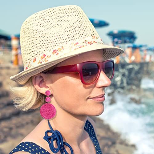Boho Raffia Ball Earrings for Women, Handmade Statement Drop Earrings Straw Dangle Earrings Beach Vacation Jewelry - color: Hot Pink