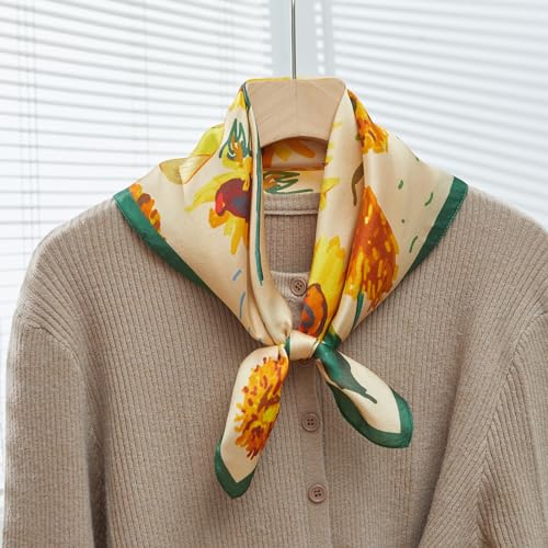 100% Mulberry Silk Neck Scarf 21''x21'' Small Square Hair Scarf for Women Men Lightweight Bandana Envelope Package - color: Floral- Yellow