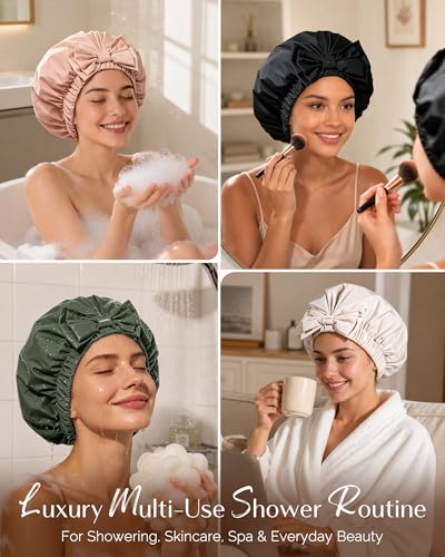 Yanibest Shower Cap Reusable Waterproof, Wide Elastic Band Bath Cap - Comfortable & Durable Bath Hair Hat for Women - color: Peachy Pink