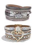 Long tiantian Leather Bracelets for Women Warp Bracelet Stackable Boho Layered Bracelet Chunky Heart Trendy Birthday Gifts for Her - color: B25:2 Layered Bracelets Set for Women(Silver)