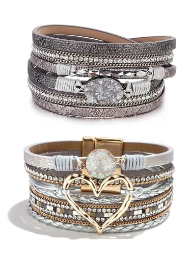 Long tiantian Leather Bracelets for Women Warp Bracelet Stackable Boho Layered Bracelet Chunky Heart Trendy Birthday Gifts for Her - color: B25:2 Layered Bracelets Set for Women(Silver)