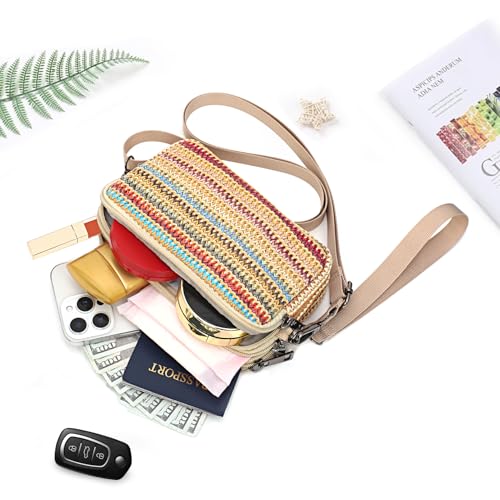 Small Wristlet Wallet for Women, 3-Zip Crossbody Phone Purse - color: Sunset Stripe/Pp Straw