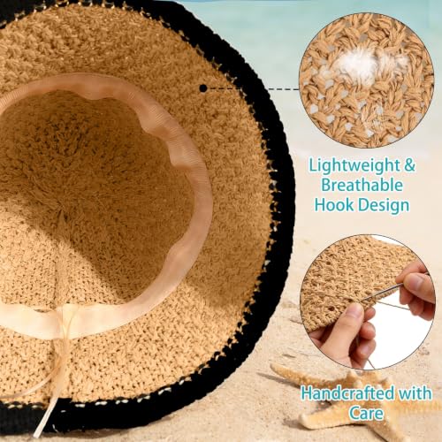 Sun Hat for Women Beach Hat Straw Bucket Hat Summer UV Protection, Packable Breathable Crochet Style - color: 1pack-khaki-black-brim