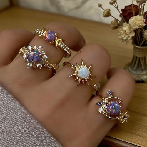 Gold Rings for Women Non Tarnish Stackable Rhinestone Moon Star Rings Dainty Stacking Pearl Butterfly Midi Pinky Thumb Joint Finger Knuckle Ring Set Gold Non Tarnish Jewelry Gifts Trendy Stuff - color: U Gold Moon Sun Rings 4Pcs